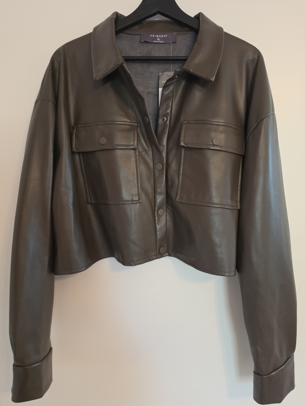 Faux Leather Cropped Utility Shirt Jacket Olive Green Y2K NWT